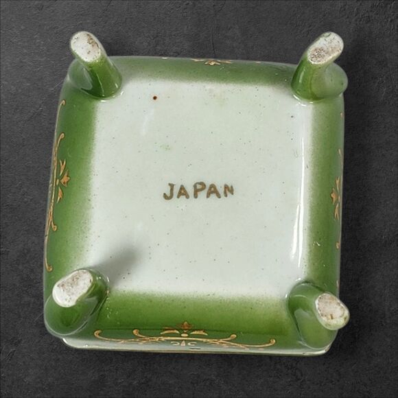 Vintage Norleans Japan Footed Porcelain Trinket Box Green Floral Gilt Vanity - Picture 9 of 11